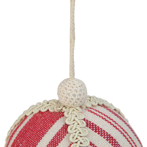 4.75" White and Red Striped Ball Christmas Ornament with Rope Accent