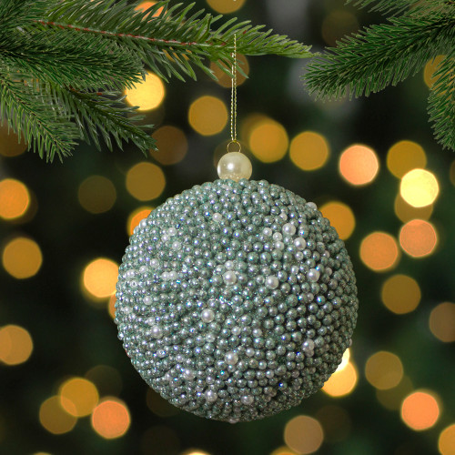 4" Seafoam Green Glitter Beaded Christmas Ball Ornament