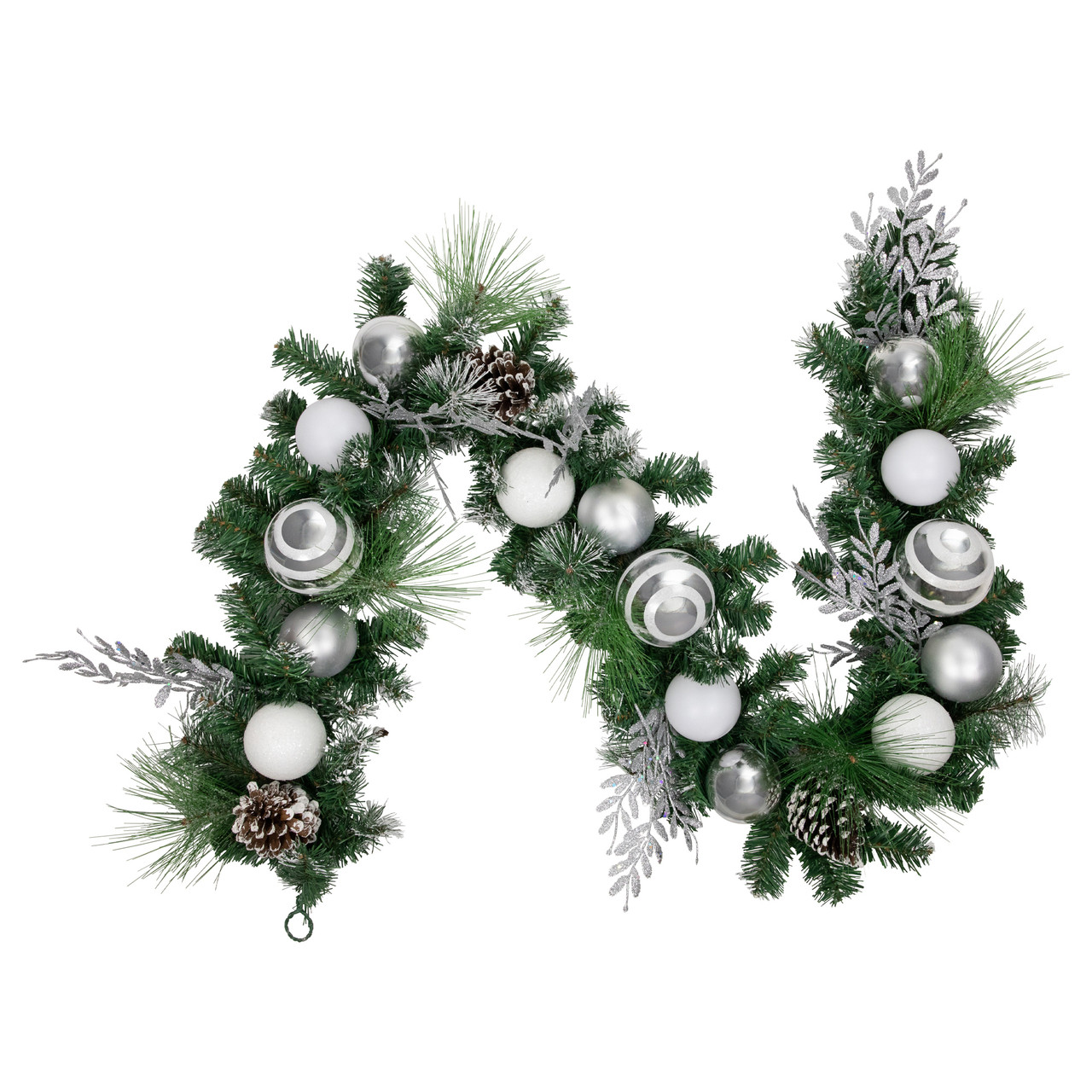 6' Green Pine Needle Garland with Pinecones and Striped Christmas Ornaments, Unlit