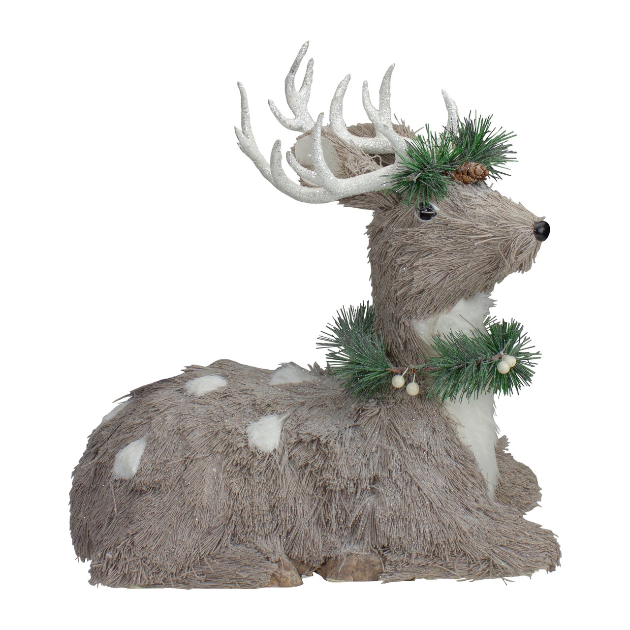 Sitting Sisal Reindeer with Wreath Christmas Figure - 14" - Gray