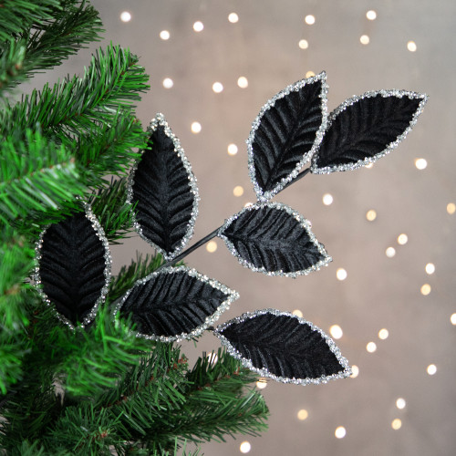 26" Black and Silver Sequin Leaves Christmas Spray