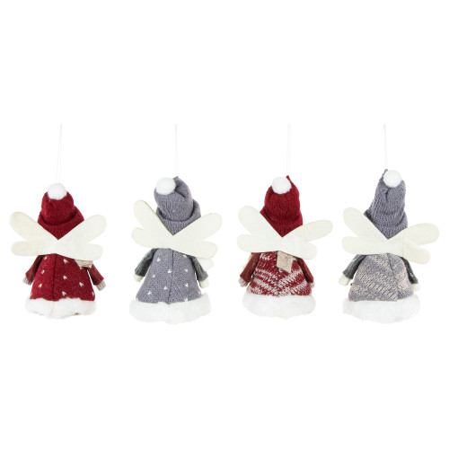 Set of 4 Red and Gray Plush Angel Christmas Ornaments 4.25"