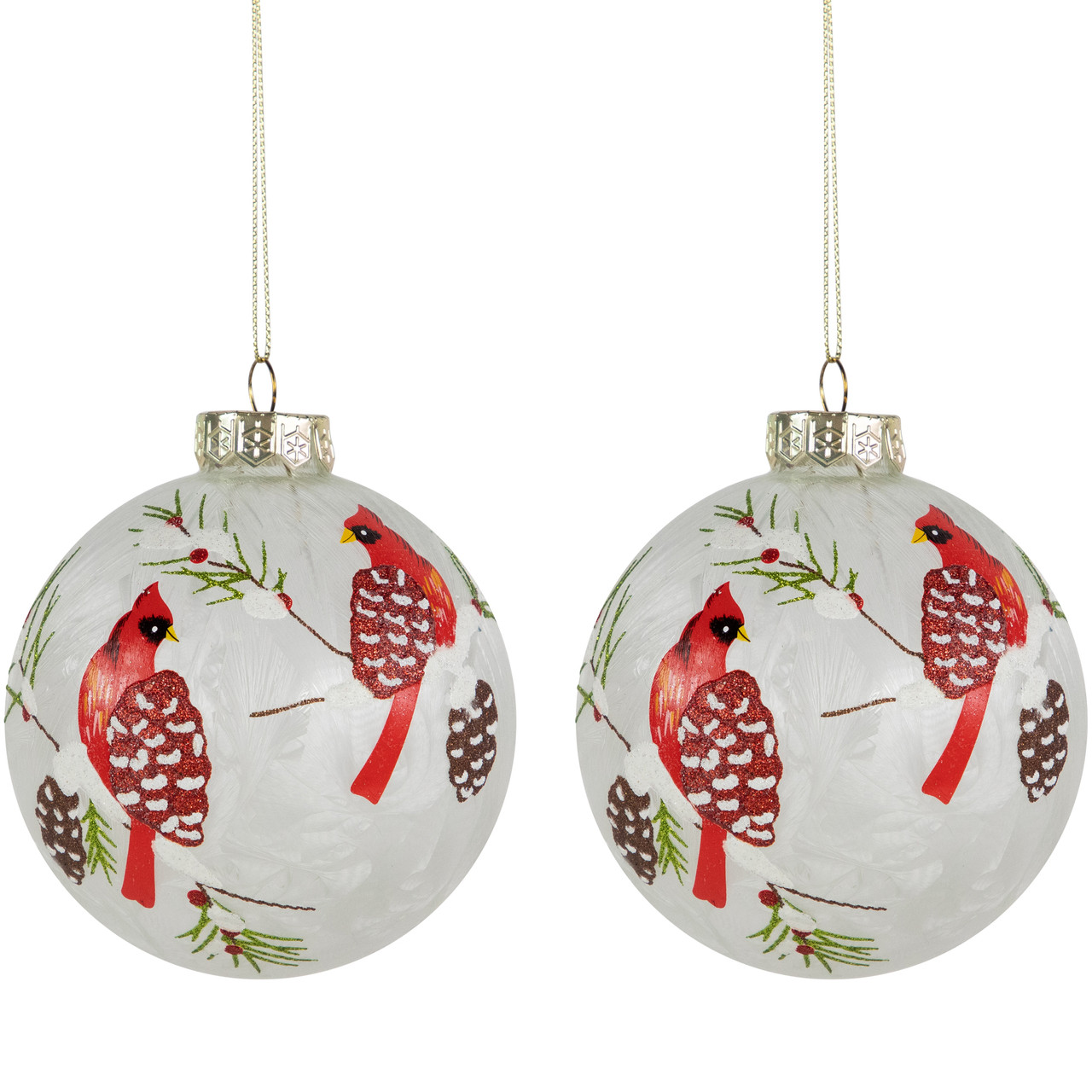 Set of 2 Clear and Red Cardinal Birds Christmas Glass Ball Ornaments 4"
