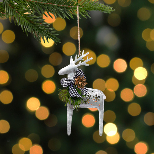 6.25" Reindeer with Black Gingham Bow Christmas Ornament