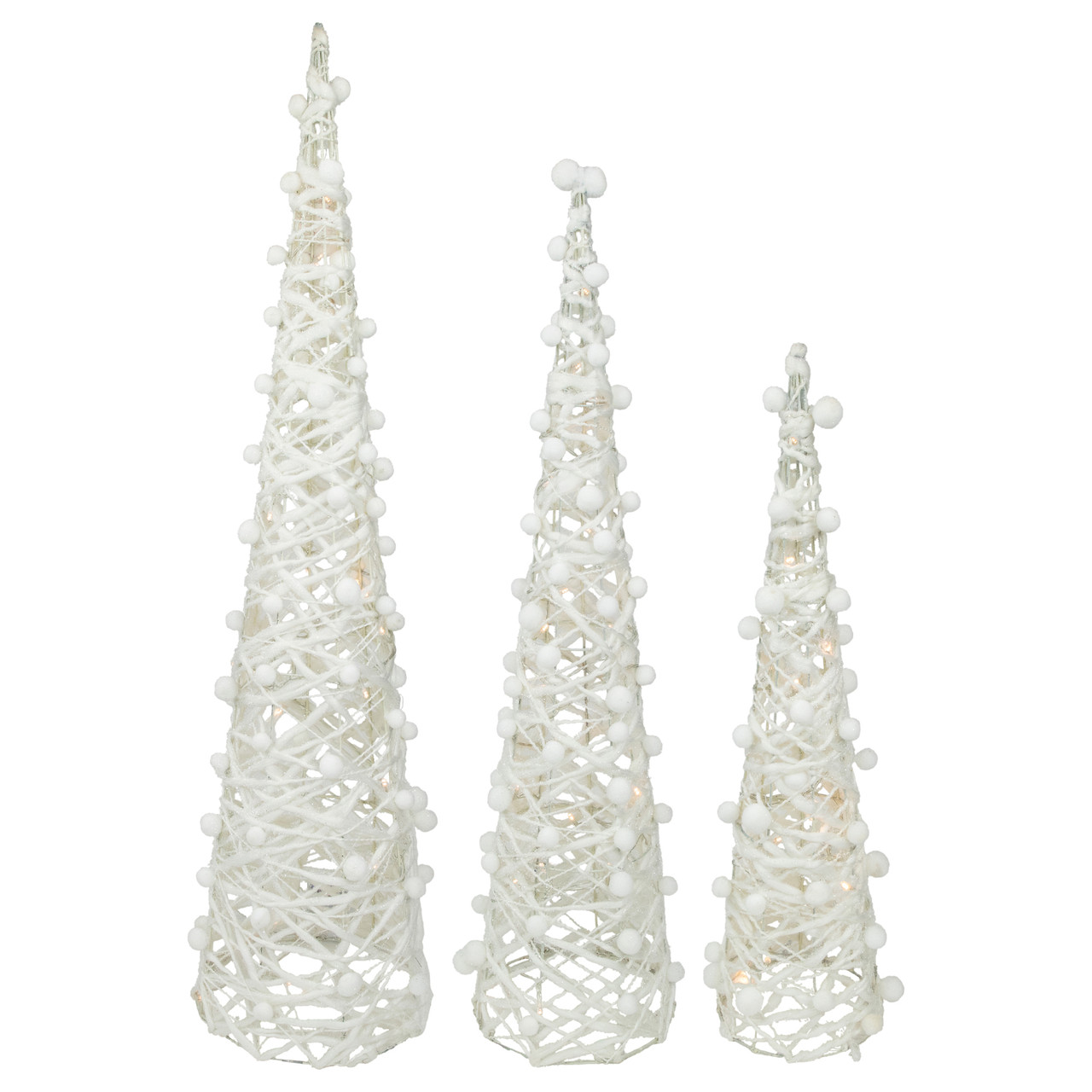LED Lighted Glittered Cone Tree Christmas Decorations - 39.25" - White - Set of 3