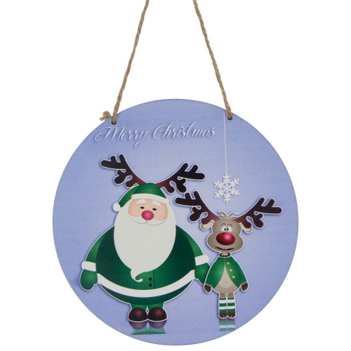 8" Blue and Green Santa and Reindeer "Merry Christmas" Disc Ornament
