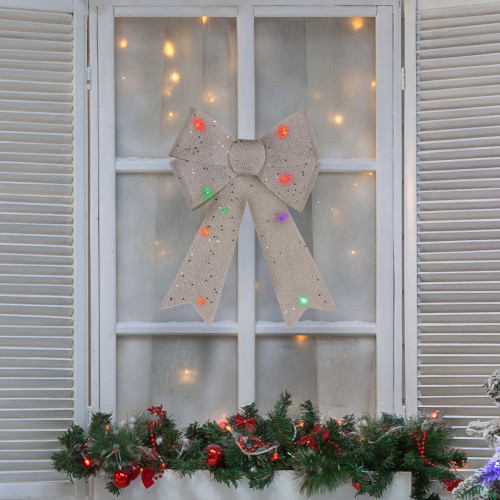 16" LED Lighted Silver Burlap Bow Christmas Decoration with Color Changing Lights