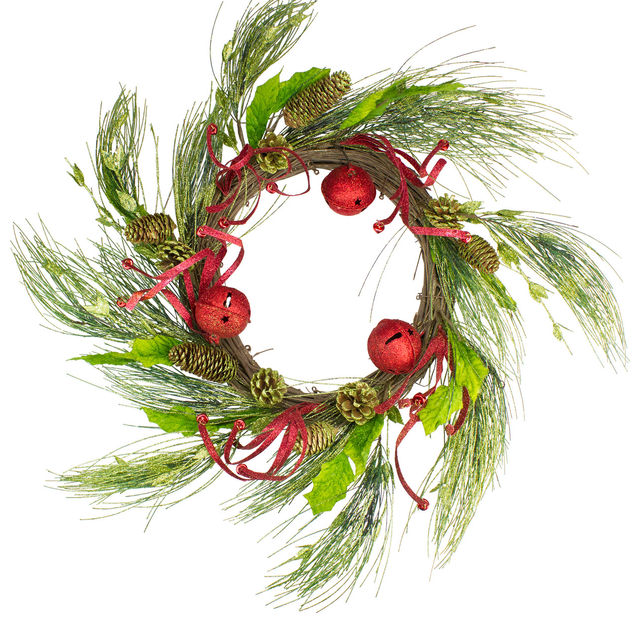 Jingle Bell Glitter Pine Needle Artificial Christmas Wreath - 21"- Red - Unlit