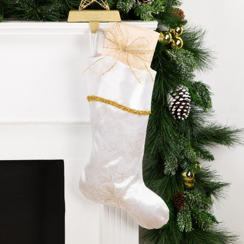 20.5" White and Gold Glitter Poinsettia Christmas Stocking