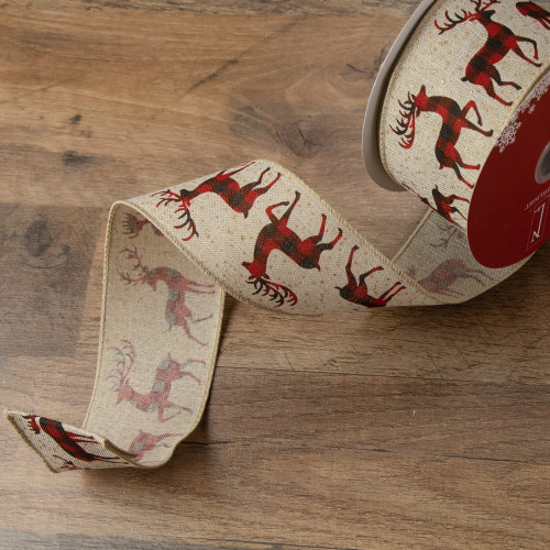 Beige and Red Plaid Buffalo with Reindeer Christmas Wired Craft Ribbon 2.5" x 16 Yards