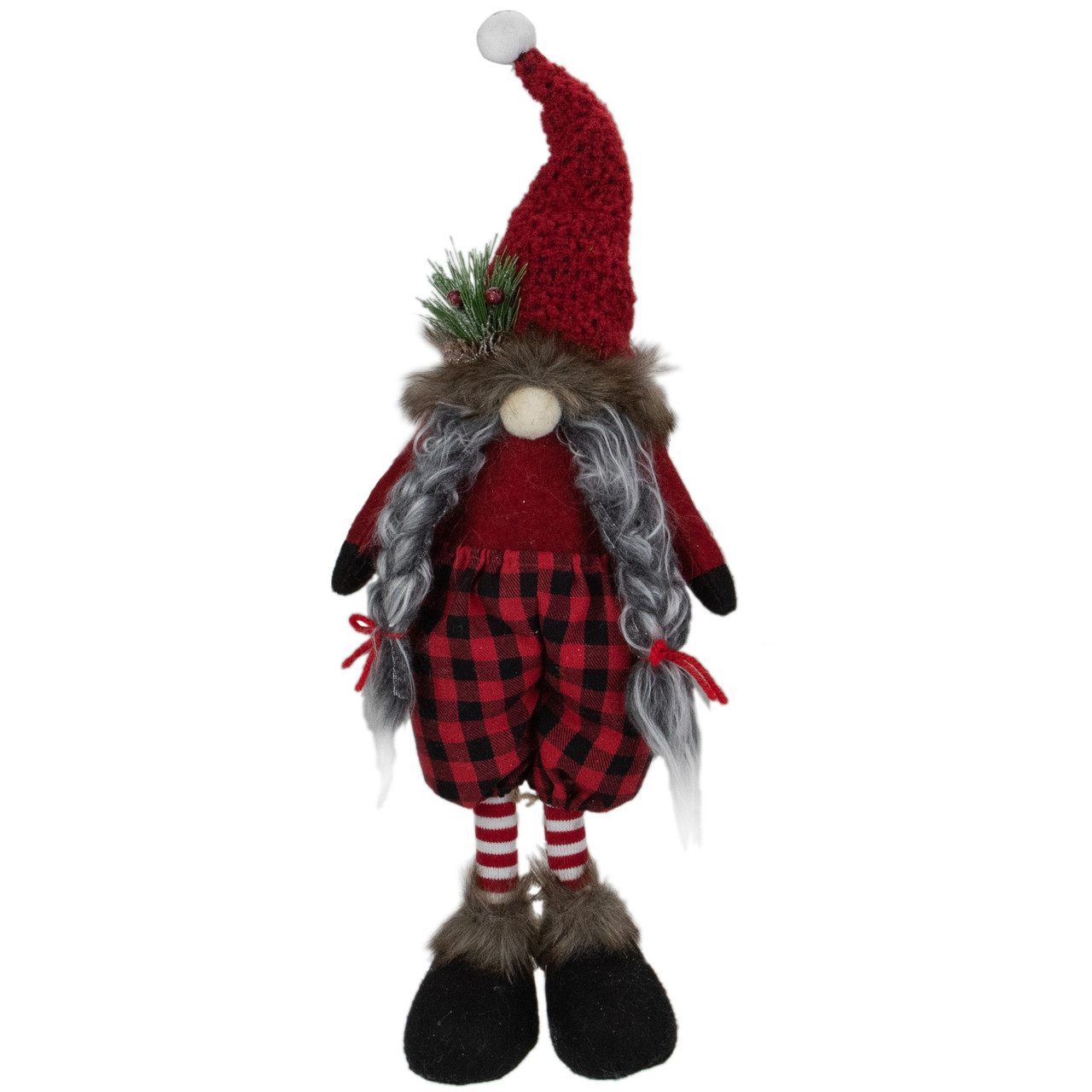 Buffalo Plaid Girl Gnome with Pigtails Christmas Figure - 17" - Red and Black