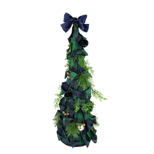 Pine, Jingle Bell and Plaid Ribbon Christmas Cone Tree - 18" - Green and Blue