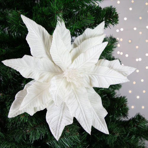 24" Cream Glittered Poinsettia Christmas Stem Spray