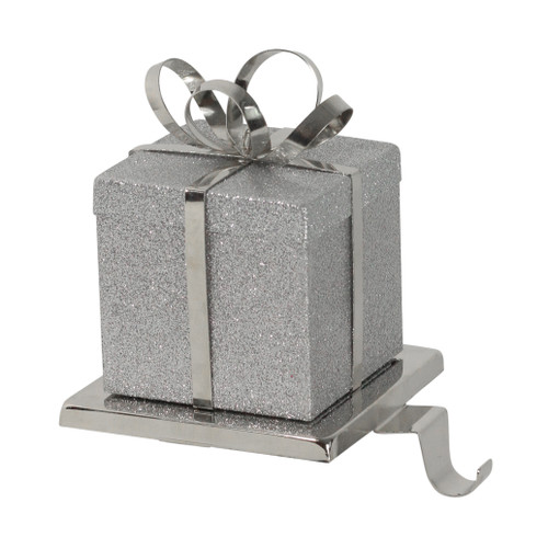 5.5" Silver Glitter Gift Box with Bow Christmas Metal Stocking Holder