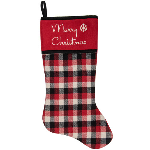 20.5-Inch Red, Black, and White Plaid Christmas Stocking with Fleece Cuff