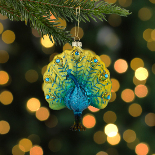 4.75" Glittered Blue and Gold Peacock Glass Christmas Ornament