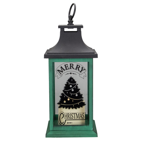 LED Candle With Christmas Tree Lantern - 12" - Green and Black