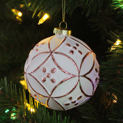 Matte White and Pink Floral Glass Hanging Christmas Ball Ornament 3.75" (95mm)