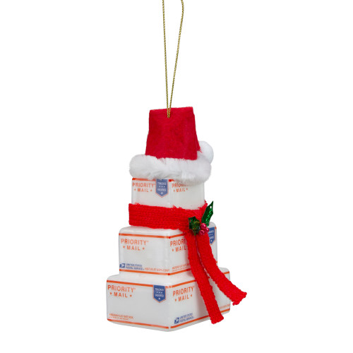 4.5" White and Red "USPS Priority Mail" Stacked Packages Santa Hat Christmas Ornament