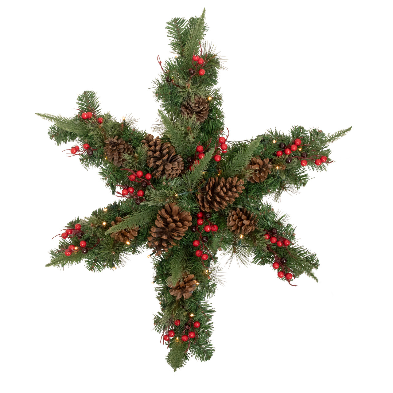 Pre-Lit Battery Operated Mixed Pine and Berries Christmas Snowflake Wreath - 32" - Warm White LED Lights