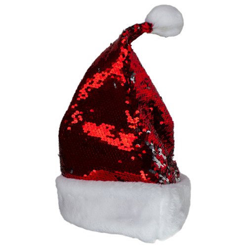 15" Red and Silver Reversible Sequined Christmas Santa Hat with Faux Fur Cuff