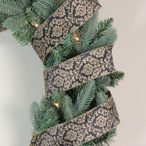 Black and Gold Damask Christmas Wired Craft Ribbon 2.5" x 16 Yards