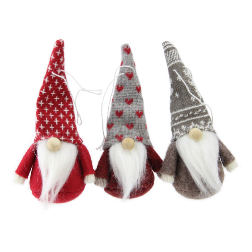 Set of 3 Red and Brown Santa Gnome Christmas Ornaments 4.5"