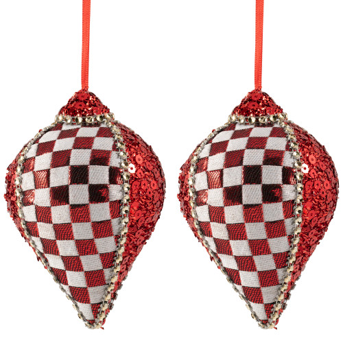Sequined and Checkered Teardrop Christmas Ornaments - 4.75" - Red  - Set of 2