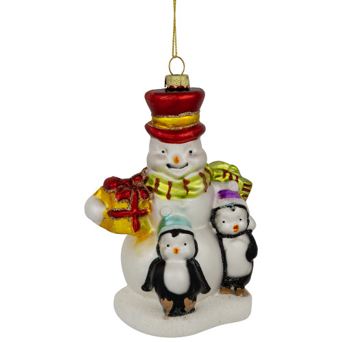 5.25" Snowman and Penguins Hanging Glass Christmas Ornament