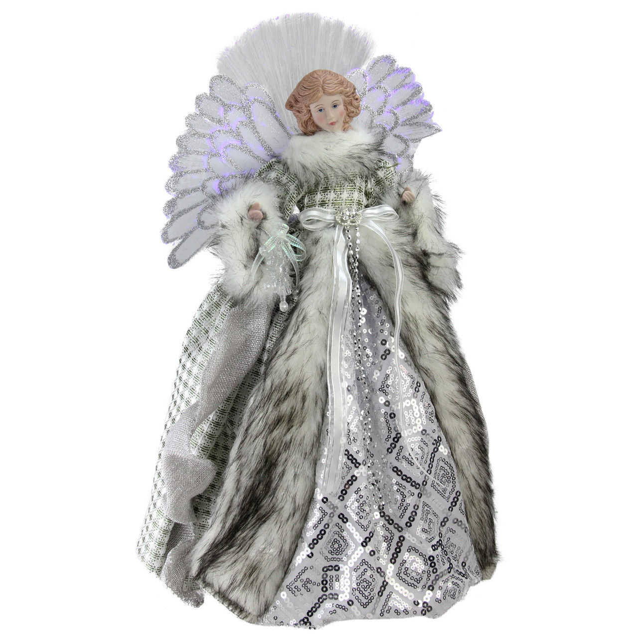 16" Lighted Fiber Optic Angel in Silver Gingham Coat Christmas Tree Topper