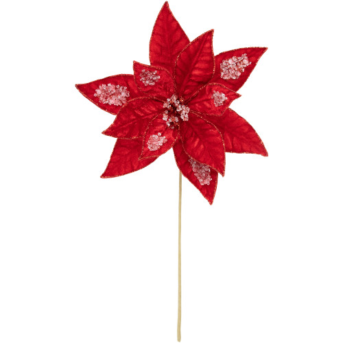 28" Icy Red Velvet Poinsettia Glittered Christmas Stem Spray