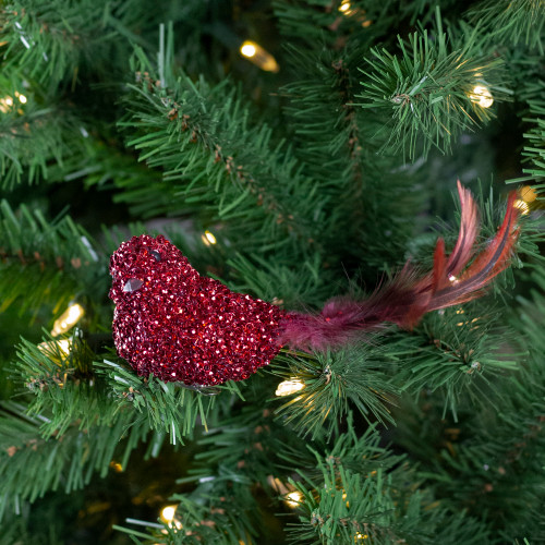 Sequined Bird with Feather Tail Christmas Clip-on Ornament - 6" - Red