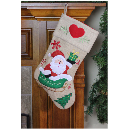 19" Red and Green Santa Claus in Sleigh Embroidered Christmas Stocking