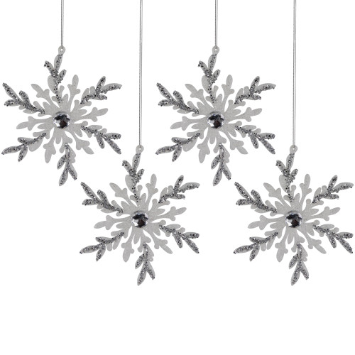 Set of 4 White and Silver Glitter Snowflakes Christmas Ornaments 6"