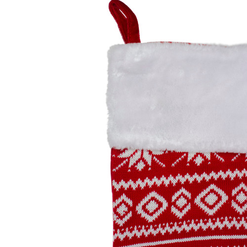 22" Red and White Rustic Lodge Knit Christmas Stocking with Cuff