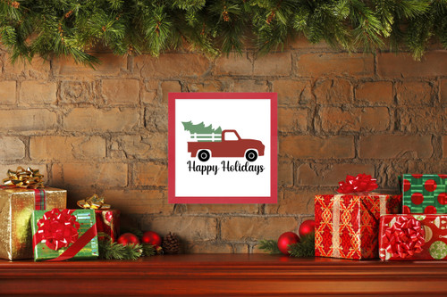 Happy Holidays Red Truck 15.5" x 15.5" Framed Christmas Wall Decor Art Print Sign Poster in a Red Wooden Frame with UV Acrylic and Hangers