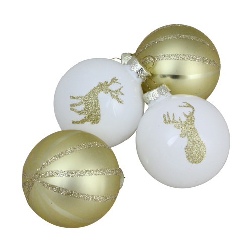 4-Piece Champagne Gold and White Striped Deer Christmas Glass Ball Ornaments 3.5" (90mm)