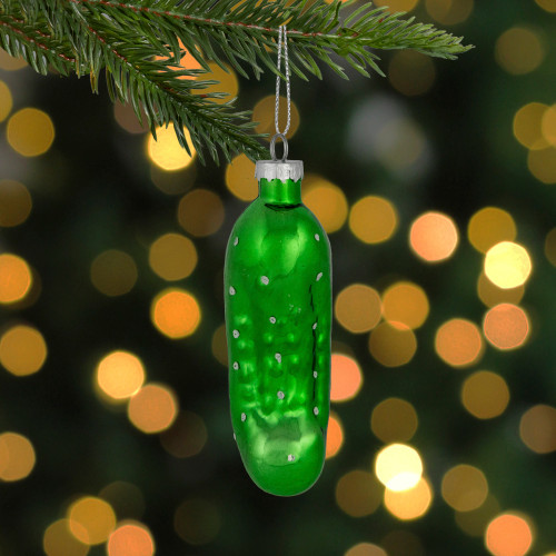 4" Shiny Green Pickle Hanging Glass Christmas Ornament