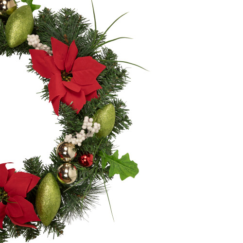 Decorated Red and Green Poinsettia and Pine Artificial Christmas Wreath, 24-inch, Unlit