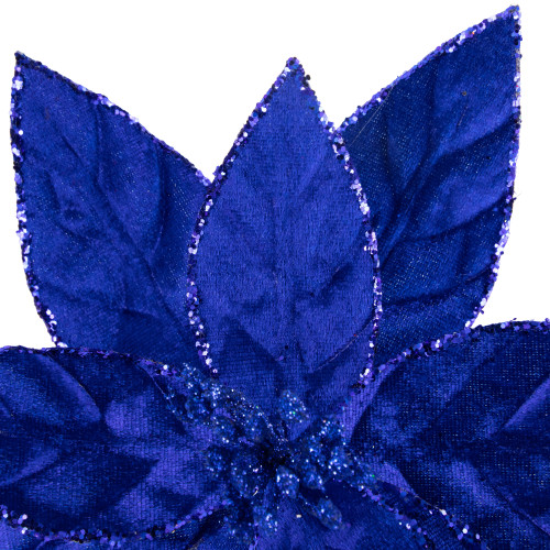 10" Royal Blue Glittered Poinsettia Christmas Floral Pick Clip-On Ornament