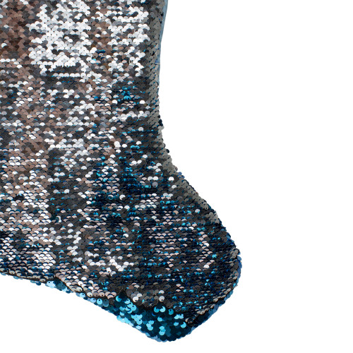 22.75" Sky Blue and Silver Reversible Sequined Christmas Stocking with Faux Fur Cuff