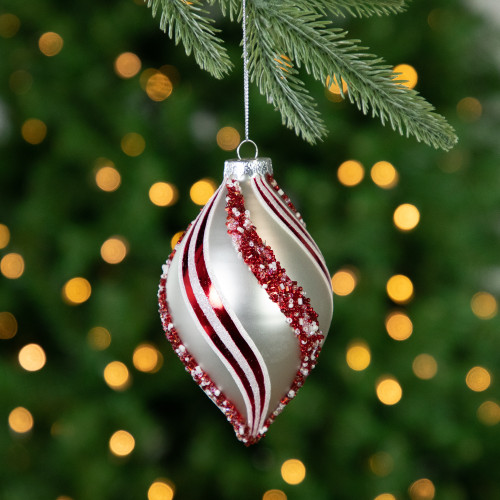 Set of 2 White and Red Glitter and Beads Striped Finial Glass Christmas Ornaments 5.5"