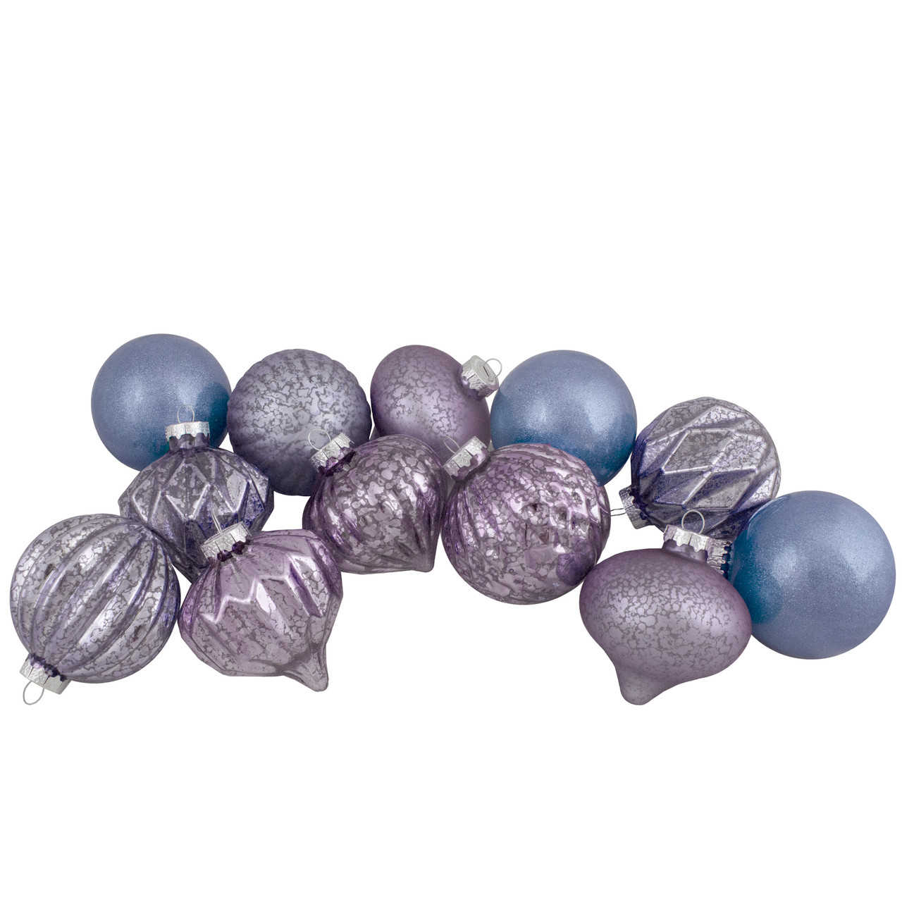 Set of 12 Purple Tone Finial and Glass Ball Christmas Ornaments