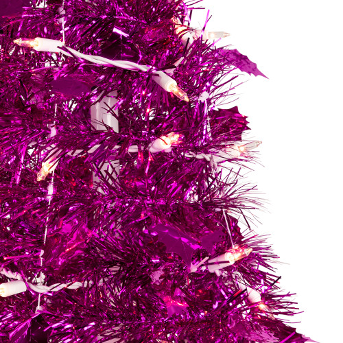 6' Pre-Lit Pink Tinsel Pop-Up Artificial Christmas Tree, Clear Lights