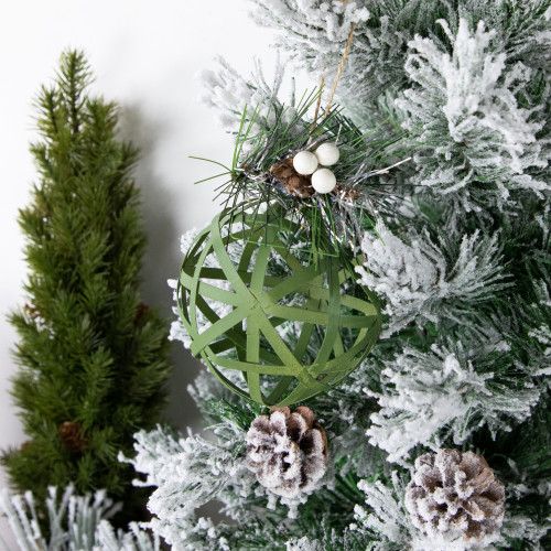 5" Green Rattan Style Christmas Ball Ornament with Pine Cone