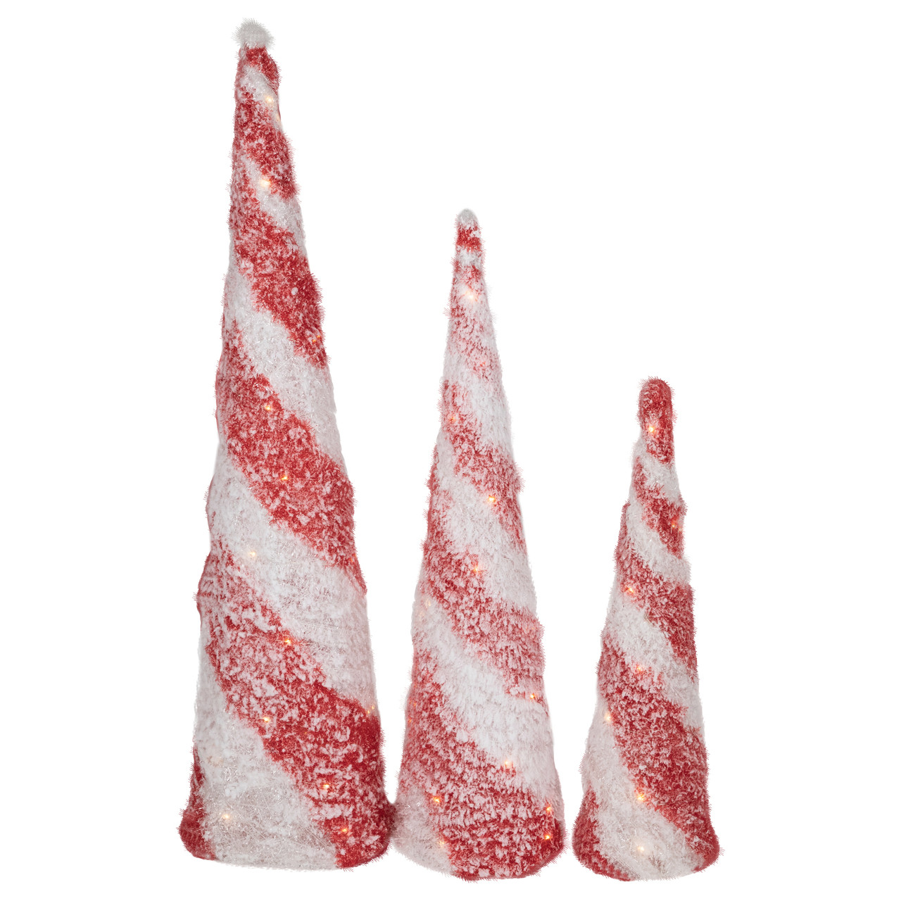 LED Lighted Snowy Candy Cane Striped Christmas Cone Trees - 3.25' - Set of 3