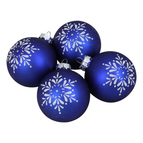 4ct Royal Blue and White Snowflake Christmas Ball Ornament 3" (75mm)