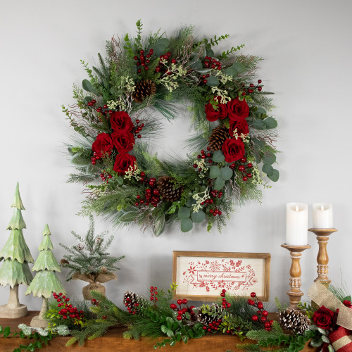 Real Touch?? Roses and Berries Artificial Christmas Wreath - 30" - Unlit