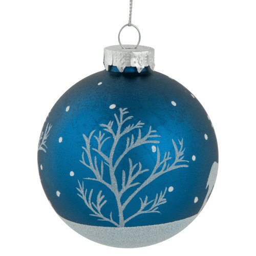 4ct Blue Glass Ball Christmas Ornaments with Glitter Reindeer 3"