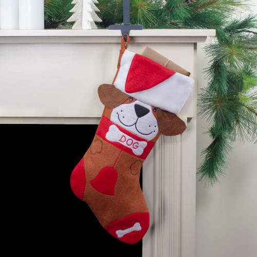 17" Red and Brown "DOG" Embroidered Christmas Stocking with Cuff